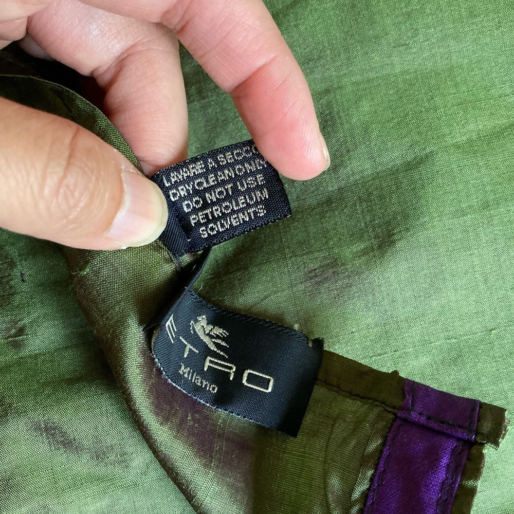 Vintage ETRO Italy Raw Silk Olive Green Purple Sheen Oblong Scarf Shawl 56”x18” - Picture 10 of 13